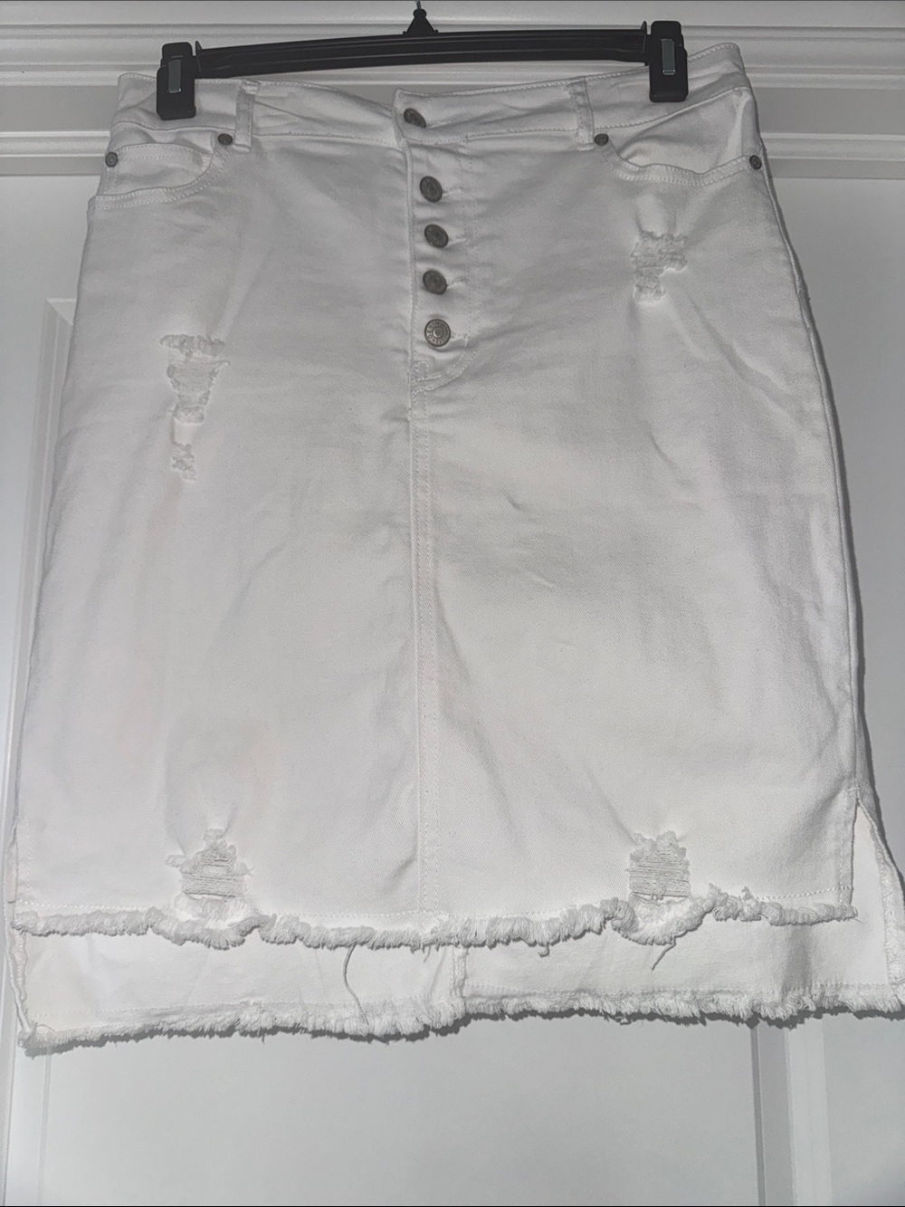 White Distressed Button-Front Pencil Skirt